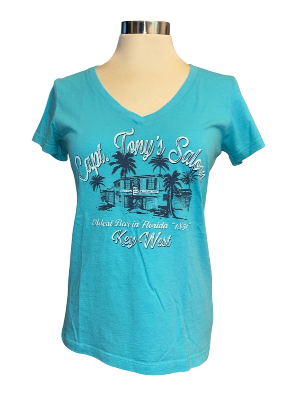Captain Tony’s Saloon Key West Women's Teal V-Neck Graphic Tee size small